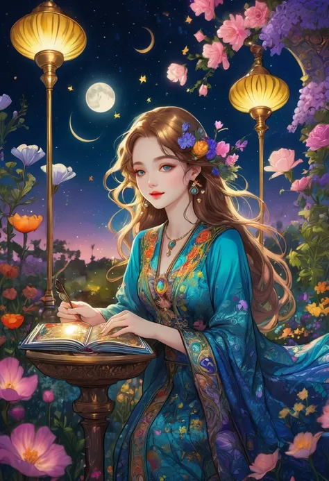 Tarot, beautiful, a girl reading Tarot,Smiling girl,Beautiful details,Delicate lips,Tarot,古代Tarot,illustrated Tarot,Vibrant colors,Mysterious atmosphere,Magic Garden,Flowers in bloom,moonlight,Night Sky,Soft light,Art Oil Painting,High-resolution images,(m...