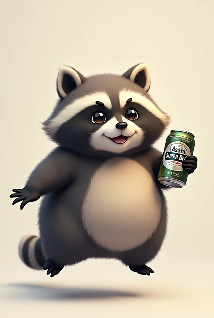 A fat raccoon holding Asahi Super Dry beer、High resolution、Big and cute eyes、Large tail、Jump、