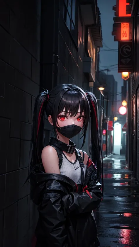 One girl, Red eyes, High-resolution model, Twin tails, Black Hair, Rainy night，Alley，Black Mask，An evil look，