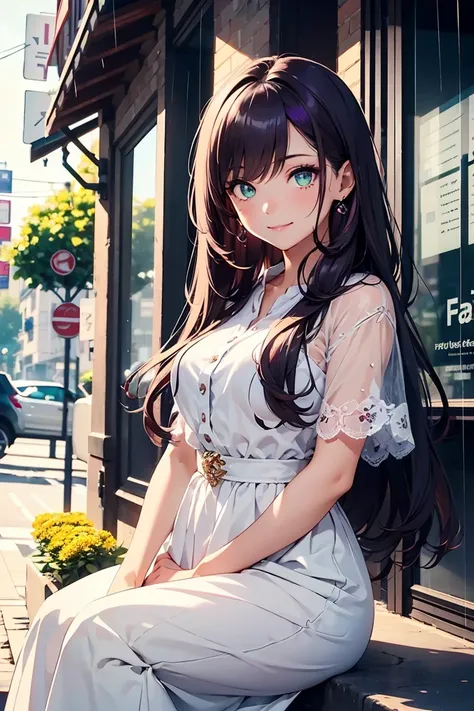 ((1 girl)), Latest Fashion Trends,sit, Hydrangea,rain, Cafe, cute,Light-colored clothing, smile, Pale purple and white outfit, Long skirt, Street fashion,Cowboy Shot,((Very detailed,Highest quality, High resolution, 8k wallpaper, Beautiful clothes,)),((Dar...