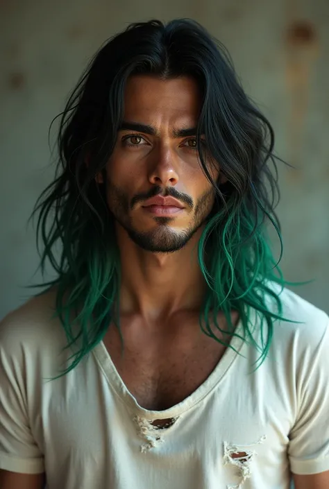 Sexy man with brown eyes and long straight thick black hair with green ombre, with pleasant and delicate facial features, dressed in a torn white T-shirt, rocker, beard, eyebrow piercing 