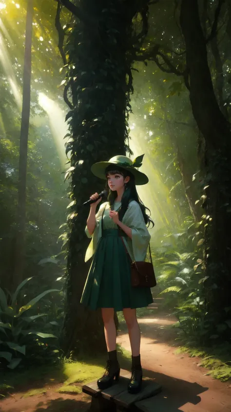 Create a vibrant, cartoon-style image featuring a girl character in the center, standing on a wooden platform amidst a lush, green jungle-like environment. The girl is dressed in a whimsical outfit, wearing a hat with a clock-like emblem, with glowing, wid...