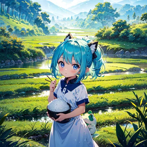 
{{{Masterpiece, highest quality, high-resolution background}}}, bright and beautiful atmosphere, 1 girl (, round face, baby face), small breasts, vast rice fields and ripe ears of rice, clothes for working in the fields, a lot A girl holding an ear of ric...