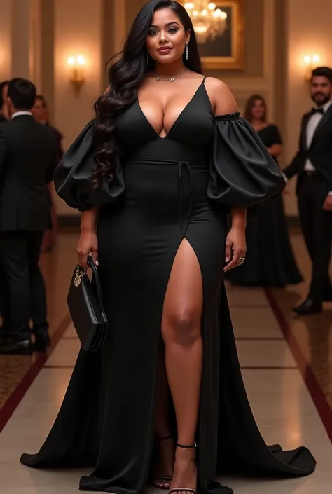 A black dress with v neck full sleeves and a slit with proper accessories and hairstyle and a cluth  chubby girl prom night look realistic image 