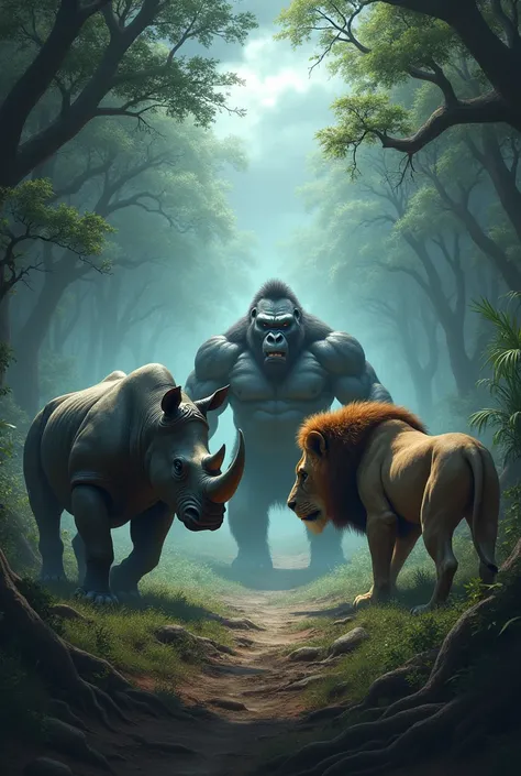 Show at one side rhino and other side lion also in middle gorilla all angry and normal look in stormy forest