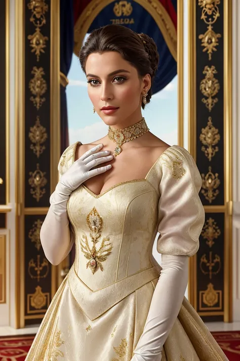 award-winning professional and realistic photo of the Empress of Europe, genetic perfection, flawless European beauty, European propaganda, European iconography, elegant regal outfit, gloves, striking features, authoritarian, beautiful European landscape i...