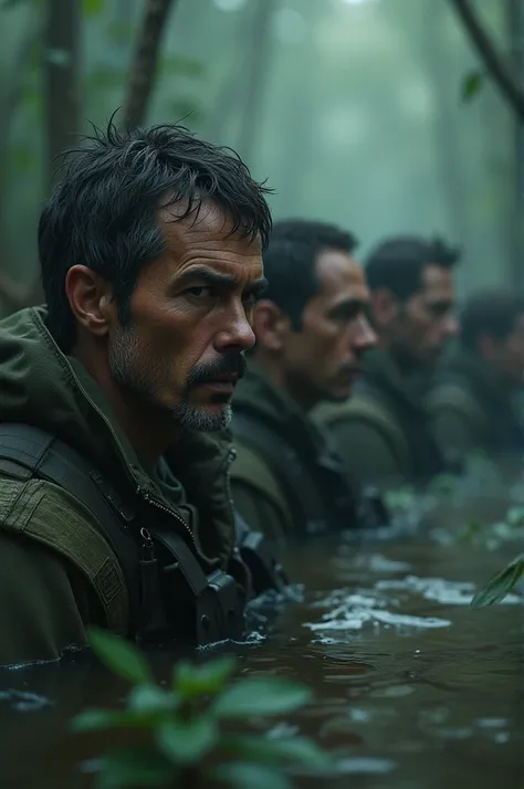 determined faces, capturing their sense of duty. The voiceover narrates their mission—pursuing enemy forces or retreating through the swamp, unaware of the deadly danger lurking beneath the waters.