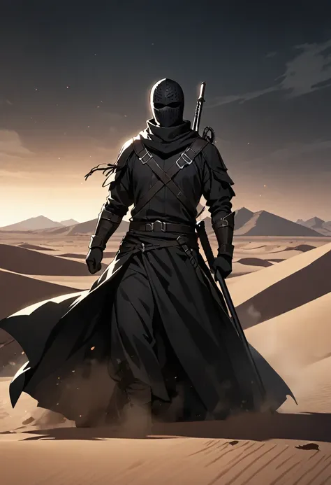 Male, black balaclava, solo, black clothes, warrior, black flag behind, desert, dark, night 