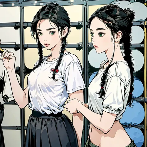 A girl with black hair in braids, green eyes, thin lips, round face, small flat breasts, thick hips, lolita style, 1, wearing a private physical education uniform, inside the locker room,boobs