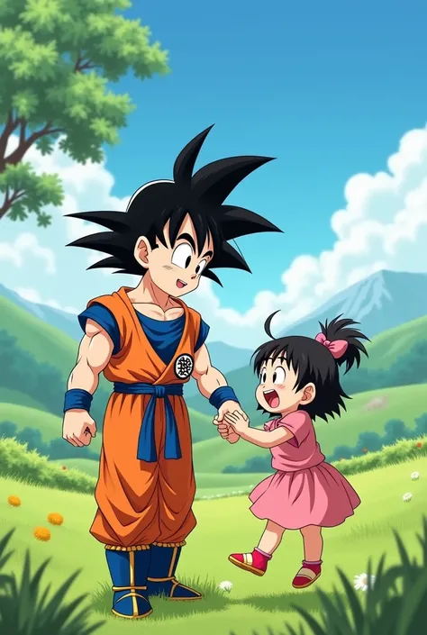 Draw Gohan from Dragon Ball anime playing with his daughter Pan and they are having fun