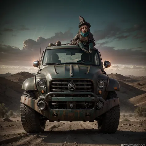 A hyper-realistic matte painting featuring a beautiful happy garden gnome, driving on a (((steampunk))) pickup monster truck through a teal desert. His flattering white scarf adds movement to the scene, set against a star-filled night sky enveloped in a fo...