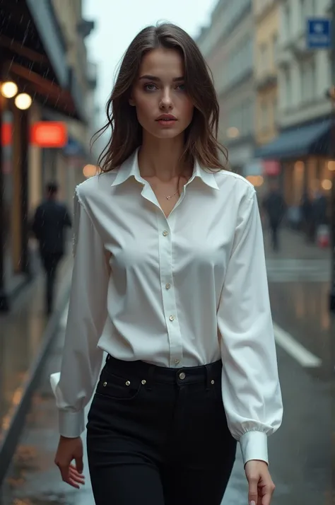 a woman in a white shirt and black pants walking down the street in the rain, fine white shirt, wearing a white button up shirt, wearing a white blouse, wet shirt, wearing a white shirt, clothed in white shirt, wearing white shirt, wearing a light shirt, w...