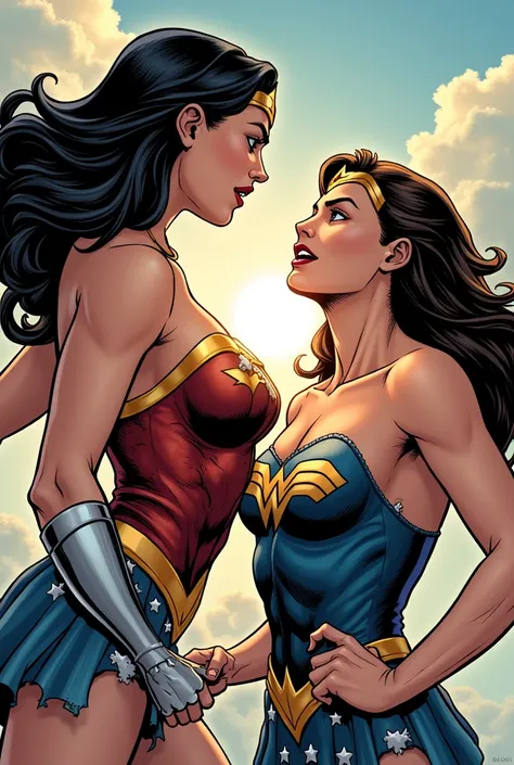 Now create for me a fight scene between Wonder Woman and Super Girl where they are injured by the course of the fight and with their uniforms torn, Super Girl has her top torn showing part of her breasts, preparing to punch Wonder Woman who in turn is alre...