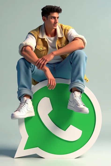 créez une illustration 3D dun personnage aimée Assis de manière décontracté au-dessus dun logo de media social « WhatsApp » le personnage doit porter des vêtements moderne et décontracté quune veste en jean et des chaussures de sport Nike air de couleur bl...