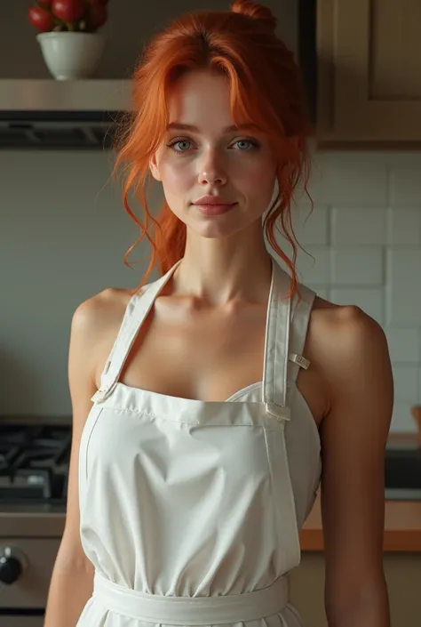 a REAL HUMAN white woman, with a sculptural body with medium wavy red hair with an apron, hair tied up and a kitchen as the setting (Photorealism) 