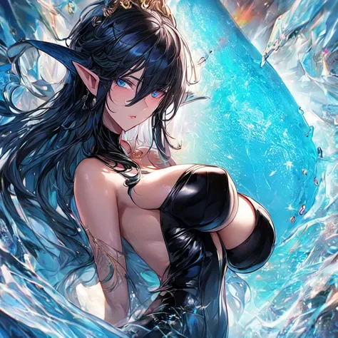  Sea elf with pale skin, beautiful, mature, milf with black hair, blue eyes and big breasts on UHD ice cave background, textured skin, super detail, high detail, high quality,

