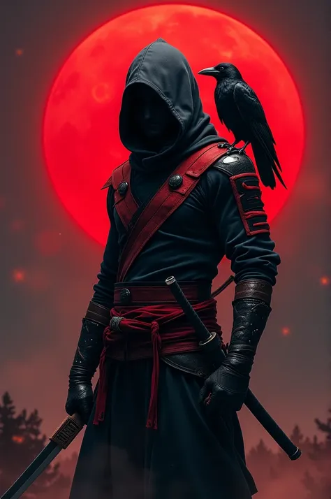 Ninja with red and black outfit and he holding katana resting and the background is red moon and the name is on his Right chest called "NEX" and the pet crow on his left shoulder 