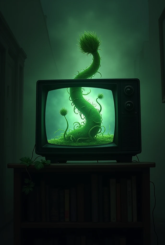 There is a dark house and there is a TV on top of a bookshelf and inside the TV there is an image of an evil green plant similar to a zucchini sprout with sensual buds and stems and the house is filled with a vast darkness and frightening density