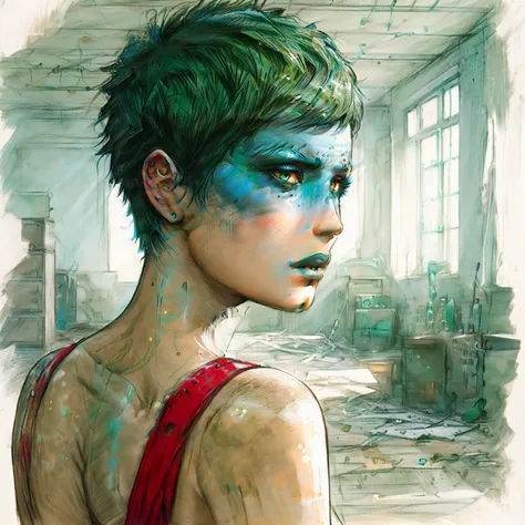 girl with blue face paint and green hair in a messy room, a beautiful artwork illustration, stunning digital illustration, beautiful digital artwork, gorgeous digital painting, beautiful comic art, beautiful digital illustration, inspiring digital art, ins...