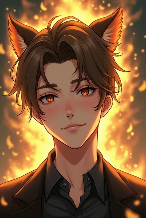 Manhwa style, A young man, Highschool student, maduro, high, elegant, arrogant, smiling, mischievous expression, looking straight ahead, hair combed to one side, porcelain clear skin, light brown hair and eyes, eyes shining with curiosity, behind his head ...