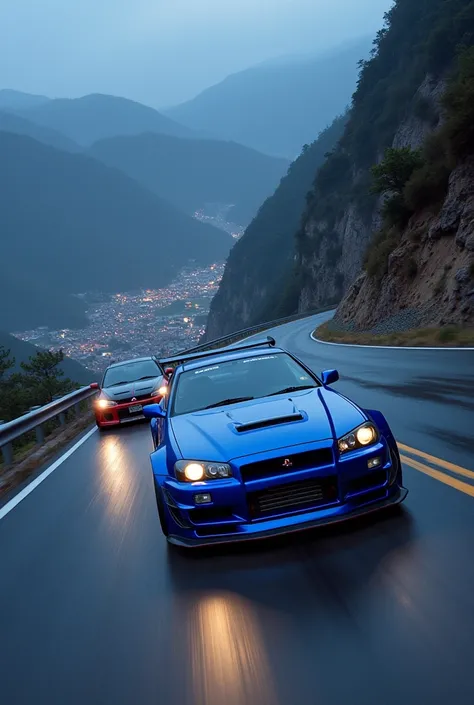 Nissan gtr r34 bleu kit large et une mitsubishi lancer evolution 9 tuning font la course  sur une route de montagne sinueuse, ville en contre bas, nuit, Lignes de Vitesse, Résolution Haute, Récompensé plusieurs fois, Œuvre dart, De Côté, 