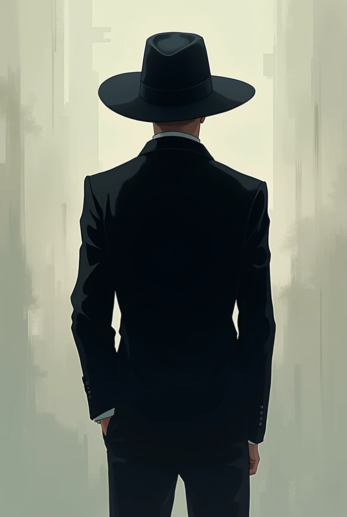 Anime-style back view of a man dressed in black and wearing a hat