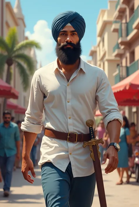 Sikh young man in pent shirt his court on arm his walking in public 
