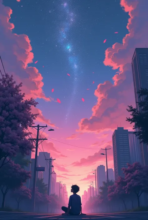 Lofi image of a guy sitting down standing staring at starry sky with pink purple and blue sky and a street with skyscraper in backgroumd and cherry blossoms with petals falling