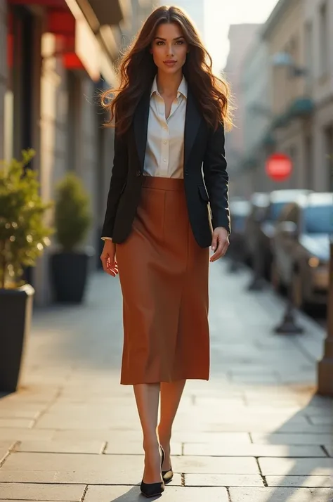 Woman a bit overweight skirt, everyday outfit, dark eyes, Brown air, elegant shoes