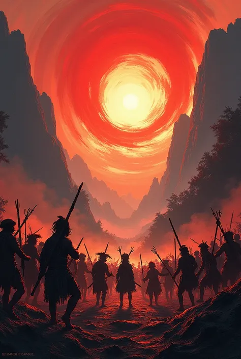 Illustrate the war between the people and the colonizers, add red aura to the image