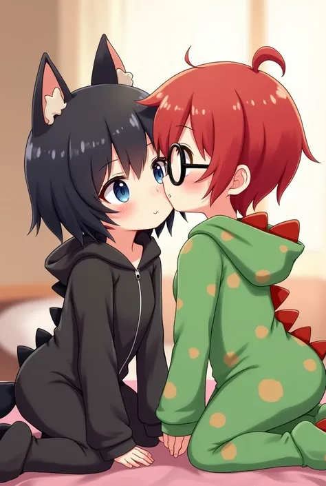 one girl has black wolfcut hair, wearing a cute black bat pajama with hoodie. the other girl has red wolfcut hair, wearing black glasses, wearing a cute green dinosaur pajama with hoodie. kiss one on cheeks. make them like a chibi 
 