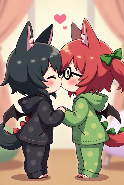 one girl has black wolfcut hair, wearing a cute black bat pajama with hoodie. the other girl has red wolfcut hair, wearing black glasses, wearing a cute green dinosaur pajama with hoodie. kiss one on cheeks. make them looks  like a chibi 
 