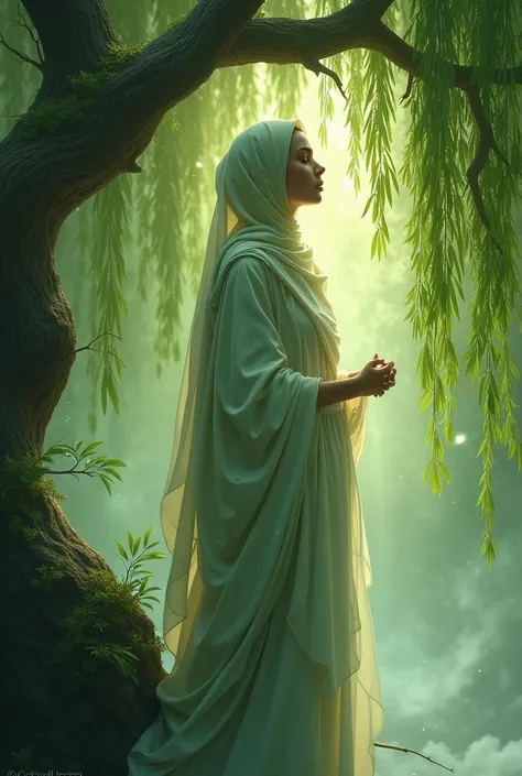 A female tree spirit with full hijab and she has light brown skin and she is talking with her willow tree and she had a soft green aura around her