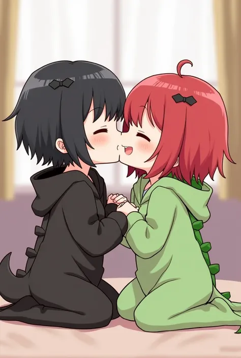 one girl has black wolfcut hair, wearing a cute black bat pajama with hoodie. the other girl has red wolfcut hair, wearing black glasses, wearing a cute green dinosaur pajama with hoodie. kiss one on cheeks while one is smiling. make them looks  like a chi...