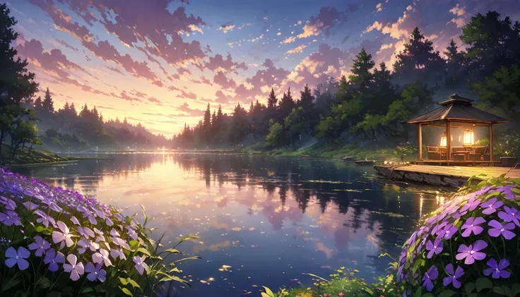 Detailed background,( Quiet spring night scenery), In the lush greenery, Beautiful scenery, Creeping Phlox in full bloom, Creeping Phlox, early morning, sunrise sky, Beautiful clouds, Dappled sunlight, Outdoor seating, a lamp, Tranquil lake, ship on lake, ...