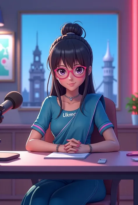 create a 3d Anime character and she was sitting straight on the chair with table her room was UK theme studio with london bridge and famous UKMON frame on wall frame and she have a mic on table and she is wear a blue indian suit and salwar dress with dupat...