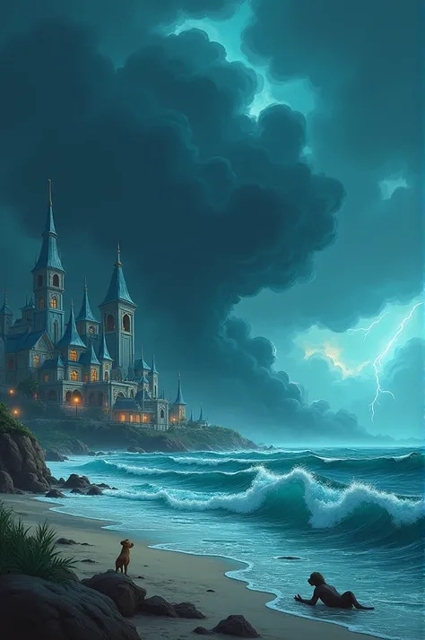 "A coastal city devoted to a water god, with architecture resembling flowing waves and aquatic themes. The city is built along the shoreline, with elegant, blue-green buildings that reflect the oceans colors. A massive storm approaches from the sea, with d...