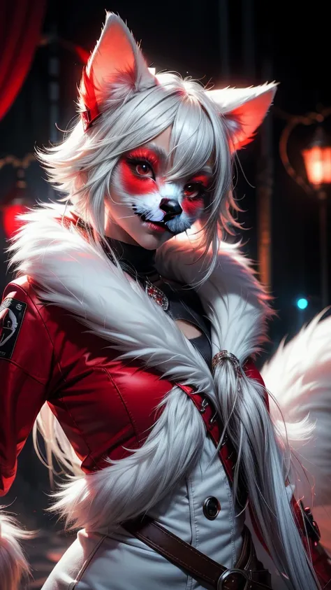 furry, white fur, ultra cute face, red elements on fur, glowing t-shrt, beautiful lights and shadows, ambient light, ultra detailed fur, volumetric light