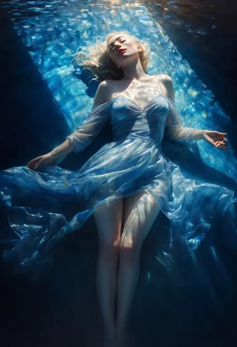 Painting of a dressed very pale woman lying down, blue veins shine through the skin, pale lips, closed eyes, full-length immersed in water, dark atmosphere, sun glare, frame from top to bottom. Cinematic scene, volumetric lights, ultra realistic, in the st...