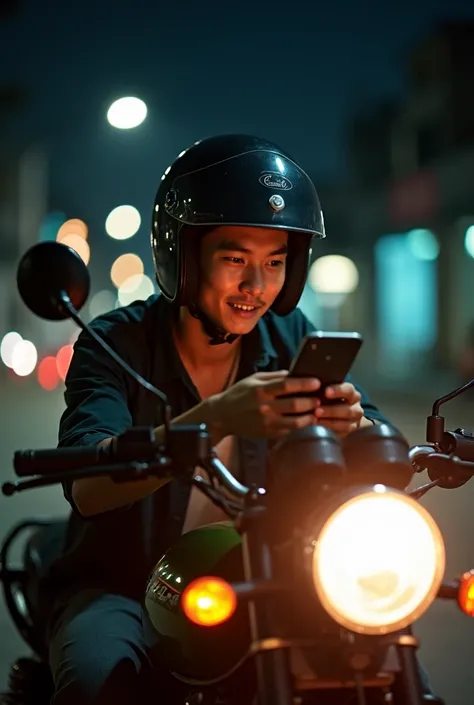 A young Thai man is leaning on a motorcycle, smiling and looking at his phone. He is wearing a helmet and the headlights are very bright. 