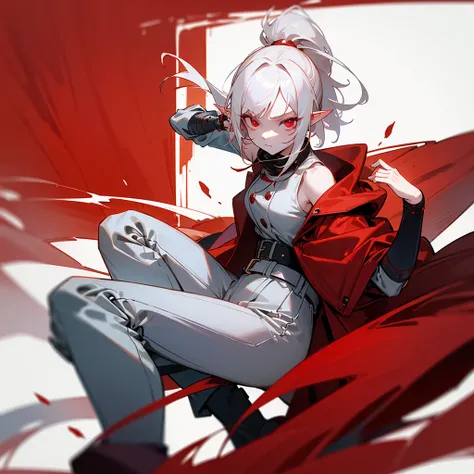 White shoulder-length hair, ponytail, Red eyes, Elf, Tough, Wearing a long red jacket, woman, bangs hanging to one side, wave hair, short hair, red eyes, tsurime, pale skin, shirt, coat, pants, long boots, belt, elf, in the town, cyberpunk