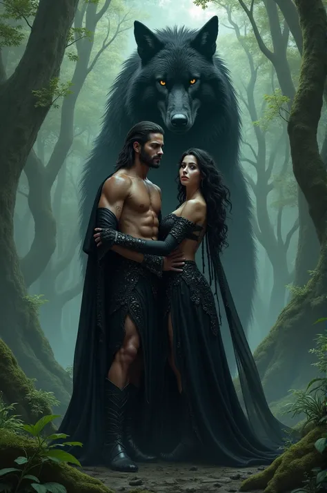 A tall man, young,  big, muscular, handsome man with dark eyes and a penetrating gaze and dark and somewhat long hair accompanied by a bewitching woman,  beautiful, imposing with dark eyes and dark wavy hair, of normal and tall build, dressed in black with...