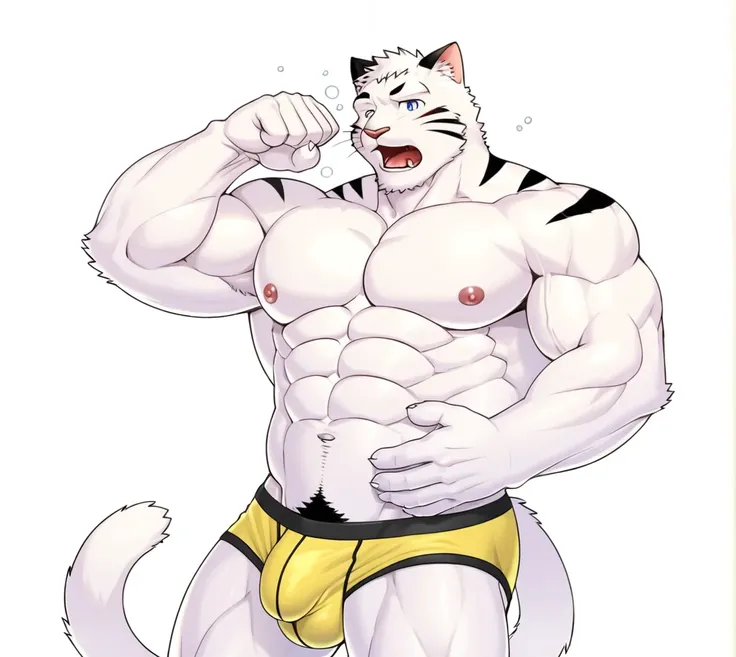 Bara style, kemono, Solo, Bara boy, good anatomy, detailed eyes, detailed fingers, detailed body, cat, white body, blue eyes, pecs, abdomen, muscular, thin, skinny muscular, abdomen, ground, morning, waking up, yawn, boxer, big bulge, yellow underwear with...