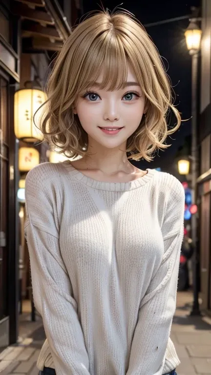 Studio Light, Written boundary depth, Upper Body, thin, cute顔, smile, Beautiful details in the eyes, 1. Japanese, cute, Voluminous curls and warm blonde color, Plaza, casual