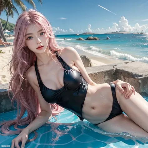 Light pink hair, blue eyes,  blue sky, Vibrant colors, Black Swimsuit 、splash, Light Racing, Wavy long hair、splash、Light of the sun、Braiding、Sandy Beach, alone