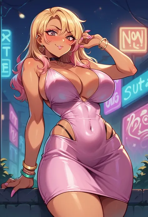 ((sexy girl ,gyaru))nsfw,glamorous, blushing, flushed face, looking down, slutty pink bodycon dress, hip vents, deep cleavage, thong, netorare, outside, neon lights, nighttime,