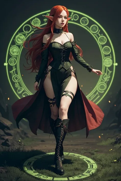 elf girl, long loose red hair. Dressed in a black corset and a long skirt with a slit, wearing high boots above the knees. Stands on a green summoning circle and green lights fly around her