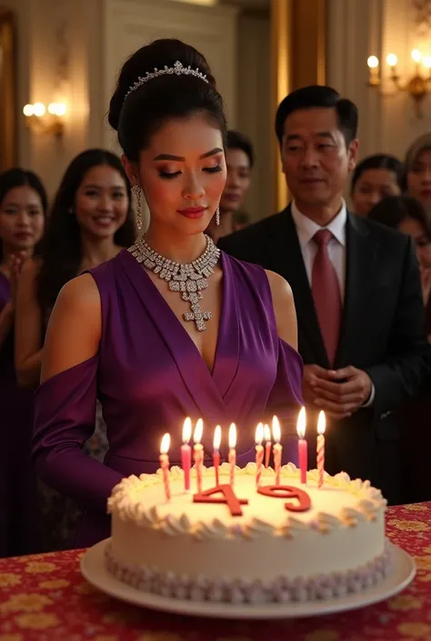 dinner celebrating the 49th birthday of an Indonesian woman,  attended by the President of Indonesia, Joko Widodo. In front of them was a birthday cake with the word 49 written on it with the number 49 candles..  There is writing "For Diah". They were both...