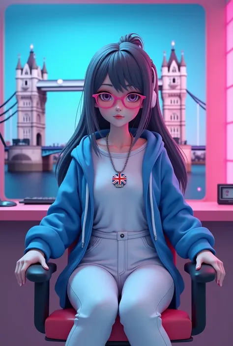 create a 3d Anime character and she was sitting straight on the chair with table her room was UK theme studio with london bridge and famous chain in her nevh with pandent written UKMON on it  she have a mic on table and she is wear a white tshirt with blue...