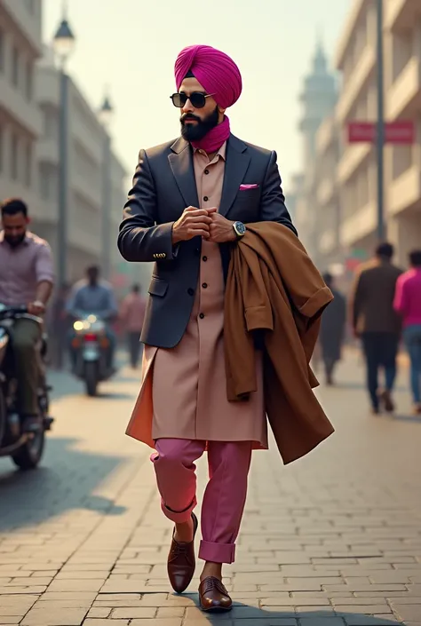 Sardar young man  in stylish dress with pink turban  and hi looks on watch with walking in public road his court on arm 
